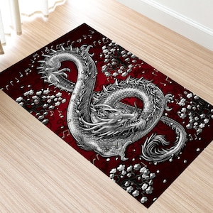 Alfombra con clave de sol, alfombra con estampado musical, alfombra con dragón, alfombra con estampado étnico, alfombra musical, alfombra estética colorida con instrumentos musicales, alfombra abstracta