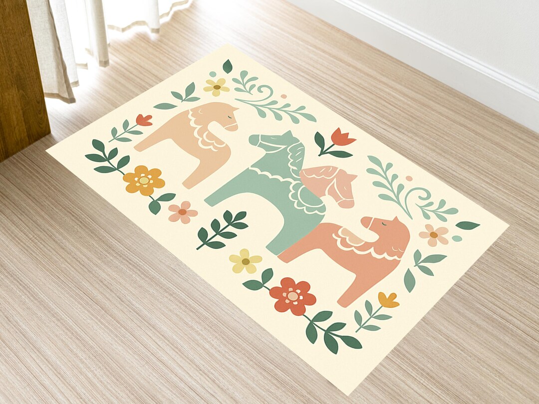 Dala Rugs Nordic Dala Horse Rug, Bold Folk Art Area Rug With Flowers ...