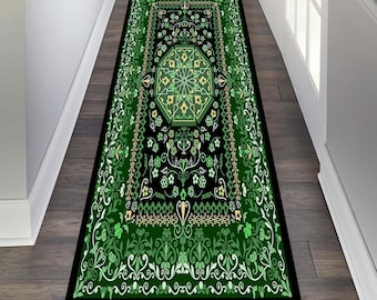 May include: A green and black patterned runner rug with a geometric design in the centre. The rug has a floral border and is perfect for adding a touch of elegance to any hallway or entryway.