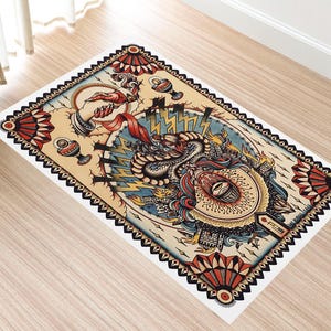 Tattoo Design Rug, Tiger Themed Rug, Traditional Tattoo Rug, Custom Rug, Popular Rug, Cheap Rug, Living Room, Personalized Gift, Gift For