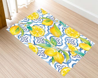 Mediterranean Kitchen Rug,Lemon Blue Tile NonSlip Mat,Farmhouse Citrus Theme Decor,Washable Soft Carpet,kitchen rug modern,kitchen floor mat