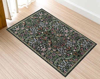 Vintage Ethnic Washable Rug with Green Plant and Floral Motifs Recycled Cotton Carpet, Digital Printed Non Slip Stain Resist Custom Size