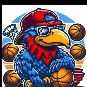 Op de afbeelding: Een cartoonvogel met een rode baseballpet, een zonnebril en een basketbal in zijn hand. De vogel is omringd door basketbals en een basketbalring.