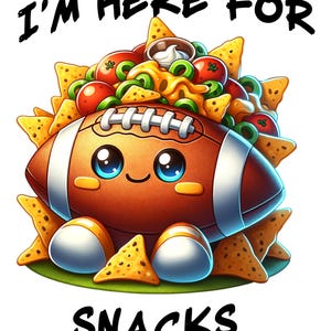 Puede incluir: Un balón de fútbol de dibujos animados con una cara sonriente está rodeado de nachos, tomates, queso y otros ingredientes. El texto "I'm here for snacks" está escrito encima del balón de fútbol.