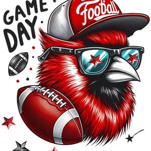 May include: A vibrant illustration of a red cardinal wearing a red baseball cap with "Football" in white script and sunglasses reflecting red stars. Two red and white footballs and the words "Game Day" are also featured.