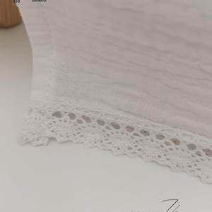 May include: White fabric with a lace trim. The fabric has a textured, slightly wrinkled appearance. The text "Oeko-Tex Standard 100" and a QR code are visible in the top left corner. The text "VIRGINIA Jiggy ART STUDIO" is visible in the bottom right corner.
