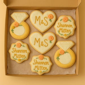 Engagement Ring Cookies Set - Personalized Bridal Shower Cookies with Names & Initials, Custom Iced Sugar Cookies