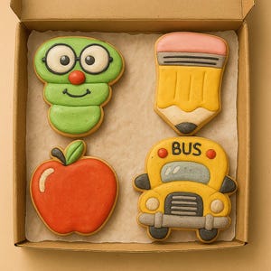 Back to School Zuckerkekse: Apfel, Bleistift, Bus Royal Icing Set