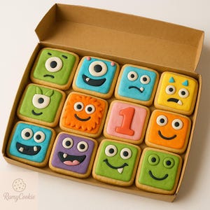 2 dozzine di biscotti di compleanno a forma di mostro, set di biscotti a forma di mostro carino, dolcetti colorati per le feste, biscotti con un occhio solo