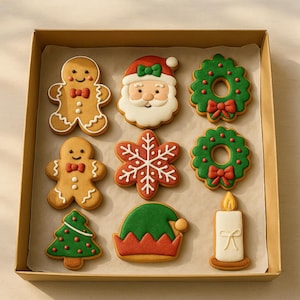 Set de galletas navideñas: Papá Noel, hombrecitos de jengibre, árbol de Navidad y vela. Galletas de azúcar glas real decoradas a mano para regalar en estas fiestas.