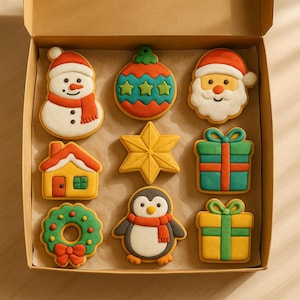 Set de galletas navideñas: Papá Noel, elfo, pingüino, hombre de jengibre y regalos. Galletas de azúcar glas real hechas a mano para celebrar las fiestas.