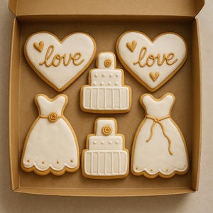 Set de galletas para despedida de soltera: Galletas de azúcar con forma de vestido y pastel de novia