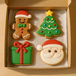 Caja de regalo navideña con galletas: Papá Noel, hombrecito de jengibre, árbol de Navidad y regalo. Galletas navideñas de azúcar glas real hechas a mano.