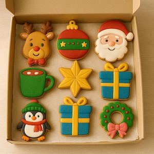 Set de regalo de galletas navideñas: Papá Noel, muñeco de nieve, pingüino, casa y corona navideña. Galletas de azúcar glas hechas a mano para la fiesta de Navidad.
