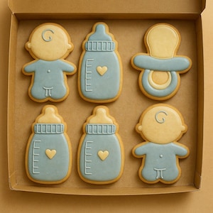 Blauwe Royal Icing babyshowerkoekjes: babyfles, fopspeen, set van 6 inch