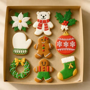 Caja de regalo de galletas navideñas: hombrecitos de jengibre, oso polar, calcetín navideño y corona. Galletas navideñas hechas a mano con glaseado real.