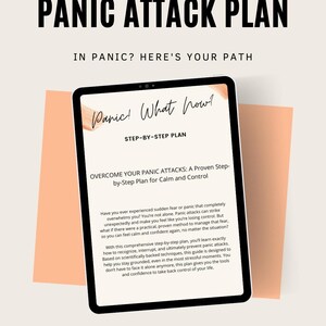 Op de afbeelding: Een digitale tablet toont een "Paniekaanval Plan" met de tekst "Paniek! En nu?" en "Overwin je paniekaanvallen." Het ontwerp heeft een perzikkleurige achtergrond en zwarte tekst. Het plan biedt een stapsgewijze handleiding voor kalmte en controle.