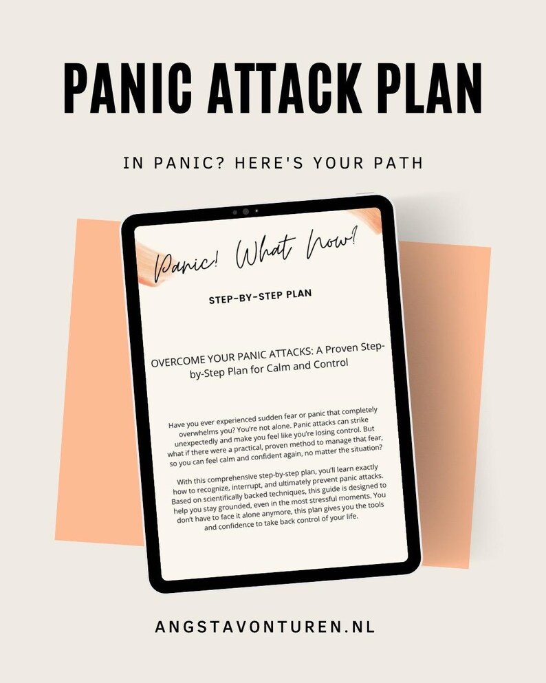 Puede incluir: Una tableta digital muestra un "Plan de Ataque de P&aacute;nico" con el texto "&iexcl;P&aacute;nico! &iquest;Y ahora?" y "Supera tus ataques de p&aacute;nico." El dise&ntilde;o presenta un fondo color melocot&oacute;n y texto negro. El plan ofrece una gu&iacute;a paso a paso para la calma y el control.