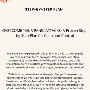 Puede incluir: Gr&aacute;fico color crema con el texto "Panic! What now?" y "Step-by-Step Plan". Tambi&eacute;n es visible el texto "Overcome Your Panic Attacks". La imagen promueve un plan para manejar los ataques de p&aacute;nico.