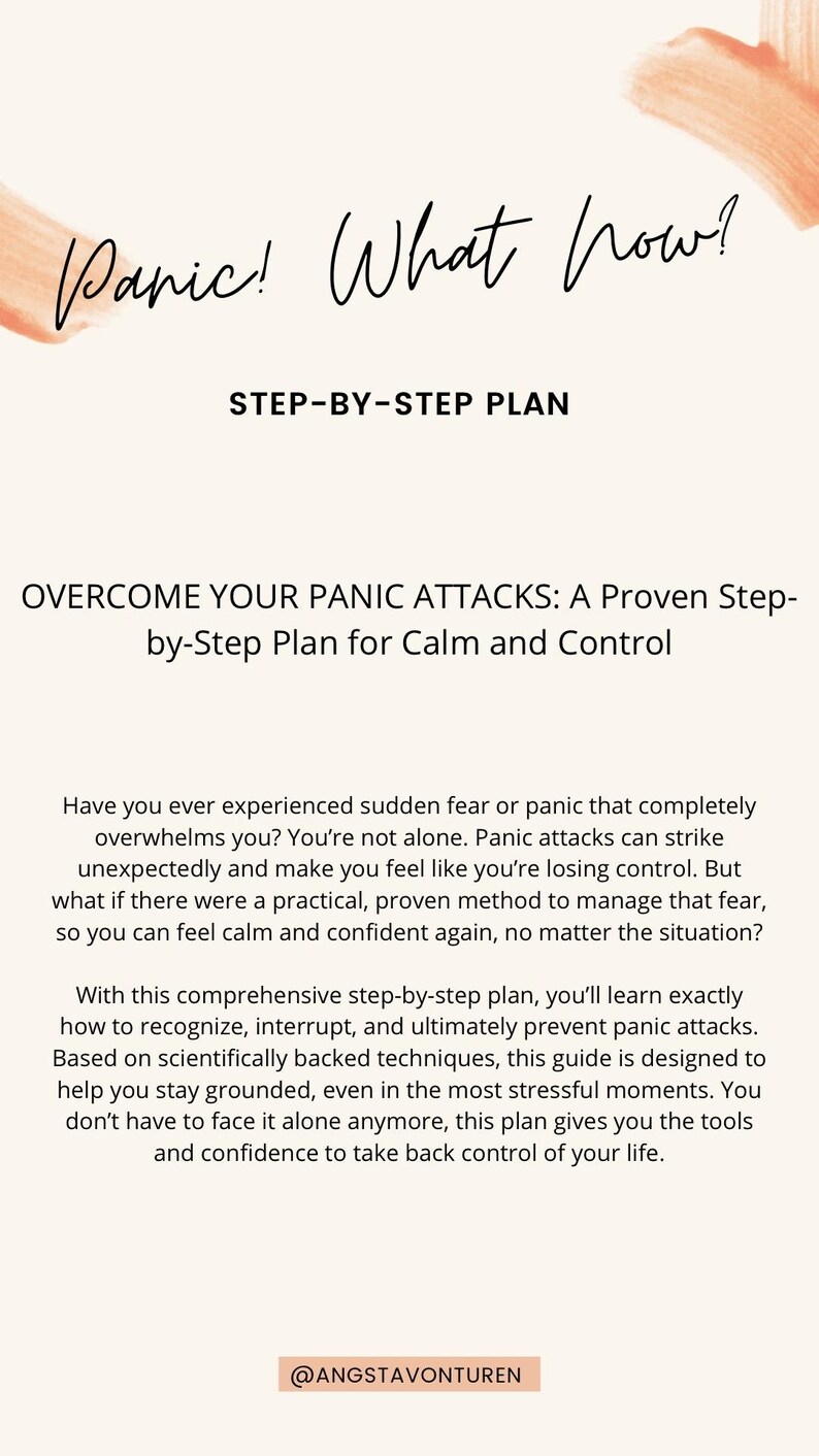 Puede incluir: Gr&aacute;fico color crema con el texto "Panic! What now?" y "Step-by-Step Plan". Tambi&eacute;n es visible el texto "Overcome Your Panic Attacks". La imagen promueve un plan para manejar los ataques de p&aacute;nico.