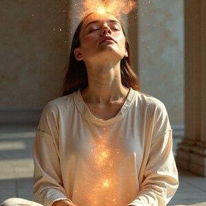 Puede incluir: Una persona en posici&oacute;n de meditaci&oacute;n, con los ojos cerrados, vestida con una camisa de manga larga y pantalones color crema. Una luz dorada y brillante emana de la cabeza y el pecho, sugiriendo un tema espiritual o energ&eacute;tico. El fondo es un entorno arquitect&oacute;nico de tonos neutros.