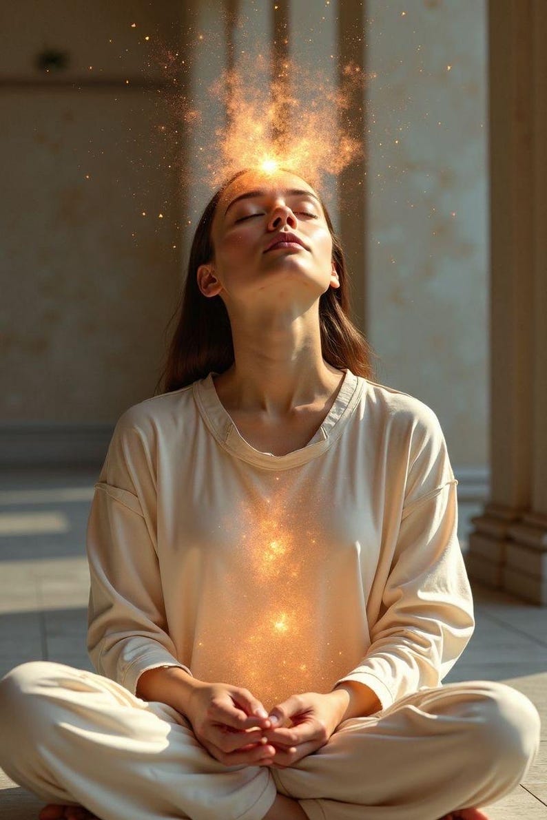 Puede incluir: Una persona en posici&oacute;n de meditaci&oacute;n, con los ojos cerrados, vestida con una camisa de manga larga y pantalones color crema. Una luz dorada y brillante emana de la cabeza y el pecho, sugiriendo un tema espiritual o energ&eacute;tico. El fondo es un entorno arquitect&oacute;nico de tonos neutros.