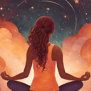 Puede incluir: Ilustraci&oacute;n de una persona en postura de yoga, de espaldas al espectador, con los brazos extendidos. La persona lleva una camiseta sin mangas naranja y leggings morados. El fondo presenta un cielo estrellado con nubes naranjas.