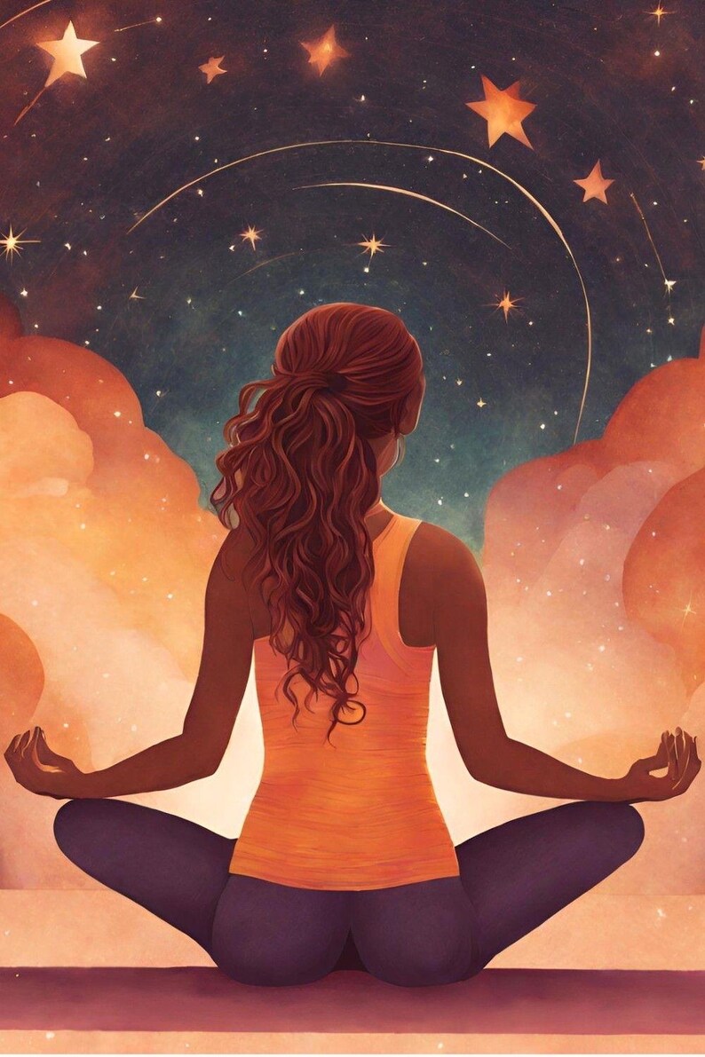 Puede incluir: Ilustraci&oacute;n de una persona en postura de yoga, de espaldas al espectador, con los brazos extendidos. La persona lleva una camiseta sin mangas naranja y leggings morados. El fondo presenta un cielo estrellado con nubes naranjas.
