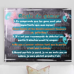 Les 5 règles du gamer Fichier PNG en français décoration chambre enfant/adolescent