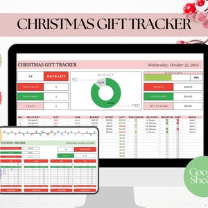 May include: A computer screen displaying a Christmas Gift Tracker spreadsheet. The spreadsheet includes sections for budget, gifts purchased, and a stocking tracker. The words "Christmas Gift Tracker" are at the top of the screen.