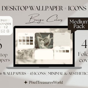 May include: A laptop screen displays a desktop wallpaper set with beige colors, featuring 6 wallpapers and 43 folder covers. The design includes icons, a font set, and the text "Desktop Wallpaper + Icons" and "Beige Colors". The pack is described as minimal and aesthetic.