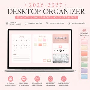 Puede incluir: Un organizador de escritorio digital 2026-2027 con 12 fondos de pantalla mensuales y 40 iconos de carpeta. La pantalla del portátil muestra un calendario de enero, una sección de productividad y una interfaz de reproductor en tonos rosa.