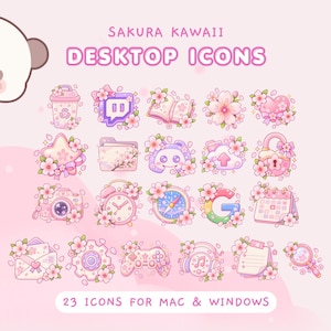 May include: A set of 23 digital desktop icons titled SAKURA KAWAII DESKTOP ICONS for Mac and Windows. The icons feature pastel pink and purple themes decorated with cherry blossoms, including a camera, clock, compass, game controller, and folders.