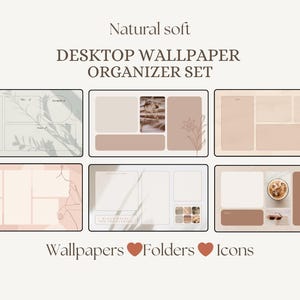 Beige Aesthetic Desktop Organizer Wallpaper, Natural Soft Laptop Wallpaper for Mac & Windows, Folder Icons, Work Setup, Digital Download
