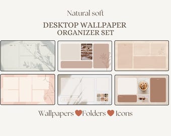Beige Aesthetic Desktop Organizer Wallpaper, Natural Soft Laptop Wallpaper for Mac & Windows, Folder Icons, Work Setup, Digital Download
