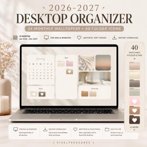 Könnte beinhalten: Ein digitales Desktop-Organizer-Set für 2026-2027 mit 24 monatlichen Hintergrundbildern und 40 Ordnersymbolen. Der Laptop-Bildschirm zeigt eine Benutzeroberfläche in sanften Farbtönen mit Kalender, Notizen, Apps und Erinnerungsbereichen.