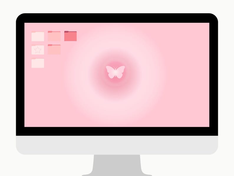 May include: A computer monitor displaying a pink desktop background with a butterfly graphic in the center. The screen features several pink folder icons and a star icon in the upper left corner. The monitor has a black bezel and a silver stand.