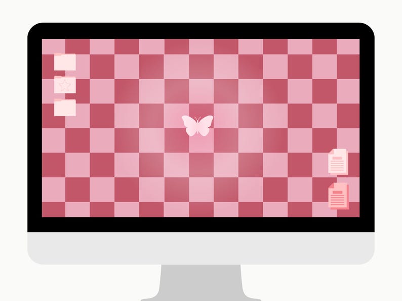 May include: A desktop computer with a black screen border and a white base. The screen displays a pink and red checkered pattern with a white butterfly in the center. Several icons are visible.