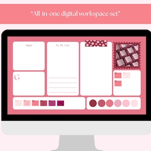 May include: A computer monitor displays a digital workspace set in shades of pink. The screen features sections labeled "Apps" and "To Do List," along with a Google logo and a color palette. The text "All in one digital workspace set" is at the top.
