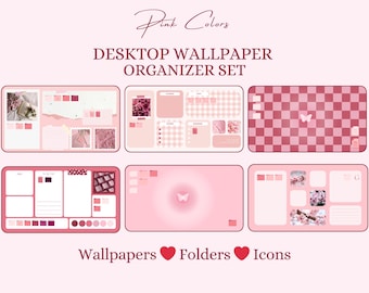 Fondo de pantalla rosa con diseño de organizador de escritorio, fondo de pantalla suave para portátil (Mac y Windows), iconos de carpeta, estudio, configuración de trabajo, descarga digital