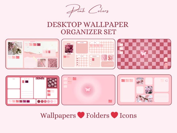 Pink Aesthetic Desktop Organizer Wallpaper, Soft Laptop Wallpaper for Mac & Windows, Folder Icons, Study, Work Setup, Digital Download