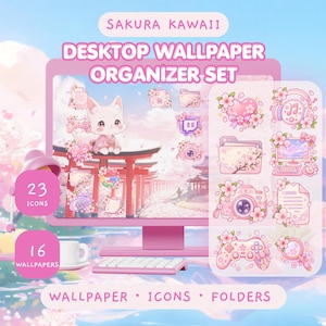 Puede incluir: Un conjunto organizador de fondos de pantalla Sakura Kawaii con un monitor de computadora rosa que muestra un gato blanco sobre un portal torii. El set incluye 23 iconos y 16 fondos de pantalla con motivos de cerezos, carpetas, cámara y mando.