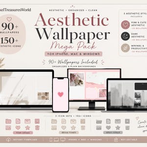 May include: Aesthetic Wallpaper Mega Pack digital download. The image shows a laptop, desktop monitor, and smartphone displaying aesthetic wallpapers. The pack includes over 90 wallpapers and 150+ aesthetic icons, with pink, beige, and grey tones. The text reads "Create your clean digital space."