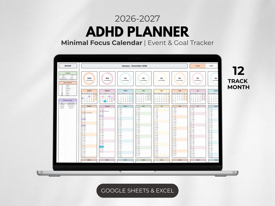 ADHD Annual Planner Spreadsheet 2026, Digital Google Sheets & Excel ...