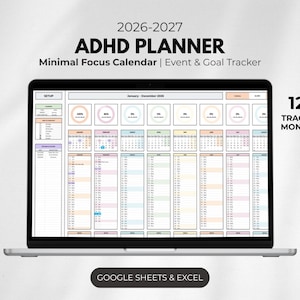 Planificador anual para TDAH 2026, Hojas de cálculo y Excel digitales de Google, Calendario de atención mínima para TDAH, Seguimiento de eventos, objetivos y productividad