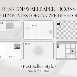 Op de afbeelding: Afbeelding met zes bureaubladachtergrondsjablonen met pictogrammen voor Mac en Windows. De ontwerpen hebben verschillende lay-outs in grijstinten en wit, met een minimalistische esthetiek. De tekst luidt "Desktop Wallpaper + Icons" en "Organizer Desktop."
