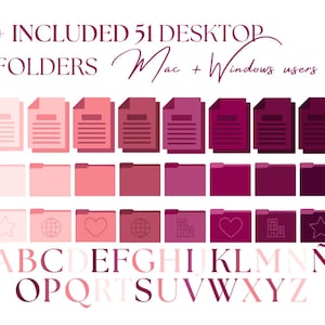 May include: Digital desktop folder icons in shades of pink and purple, with a matching alphabet. The image includes the text "+ INCLUDED 51 DESKTOP FOLDERS Mac + Windows users". The folders have different icons, including a star, globe, heart, and building.