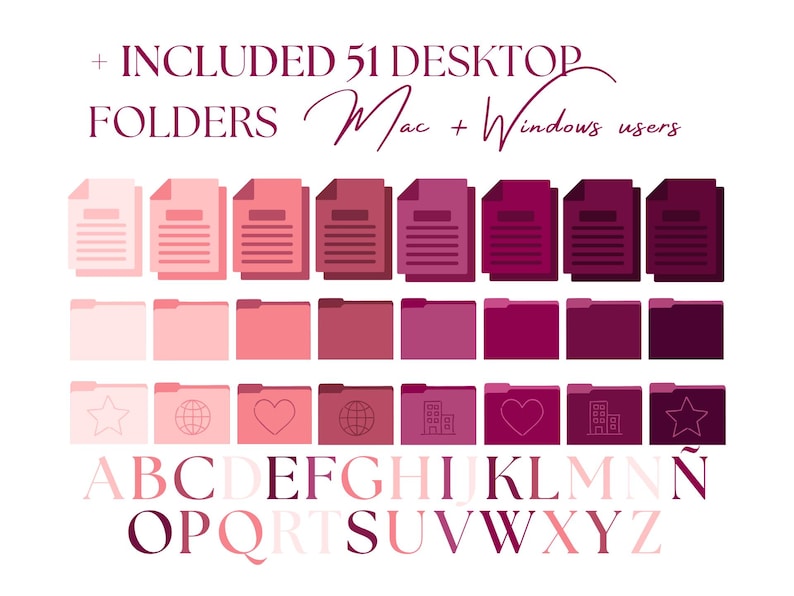 May include: Digital desktop folder icons in shades of pink and purple, with a matching alphabet. The image includes the text "+ INCLUDED 51 DESKTOP FOLDERS Mac + Windows users". The folders have different icons, including a star, globe, heart, and building.