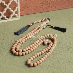 Islamic Prayer Beads - Handcrafted Natural Scent Sandalwood 99ct Misbaha 7 mm Tasbih Sibha - 10-Bead Markers & Black Tassels in GIFT BOX