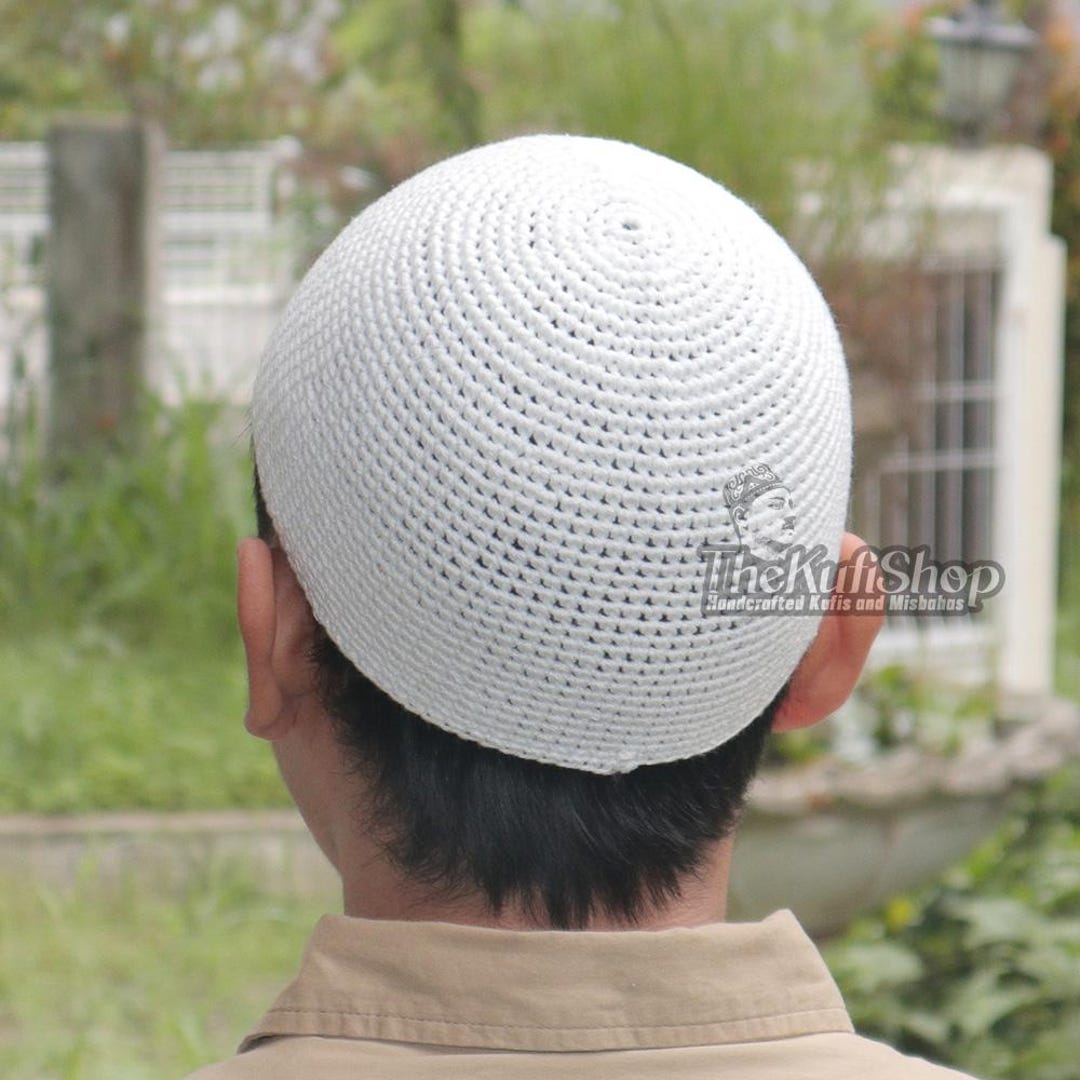 White Cotton Crochet Kufi Hat For Men Comfortable Muslim Prayer Cap Adjustable